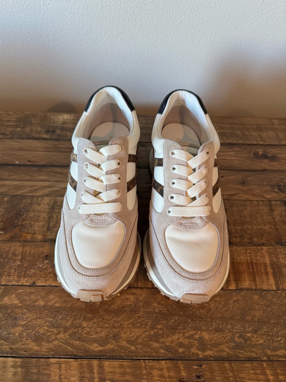 Veronica Beard Valentina Beige, White & Brown Suede Leopard-Accent Sneakers - Picture 3 of 13